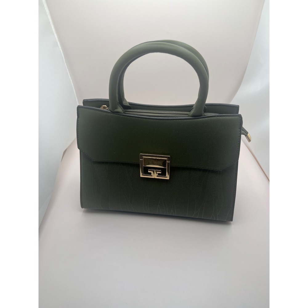 Olive Green Structured Satchel Handbag Gold Hardware Textured Wave Pattern
